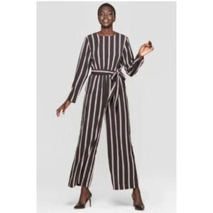 Who What Wear Jumpsuit Women's Black Purple Large Striped Long Sleeve Wide Leg